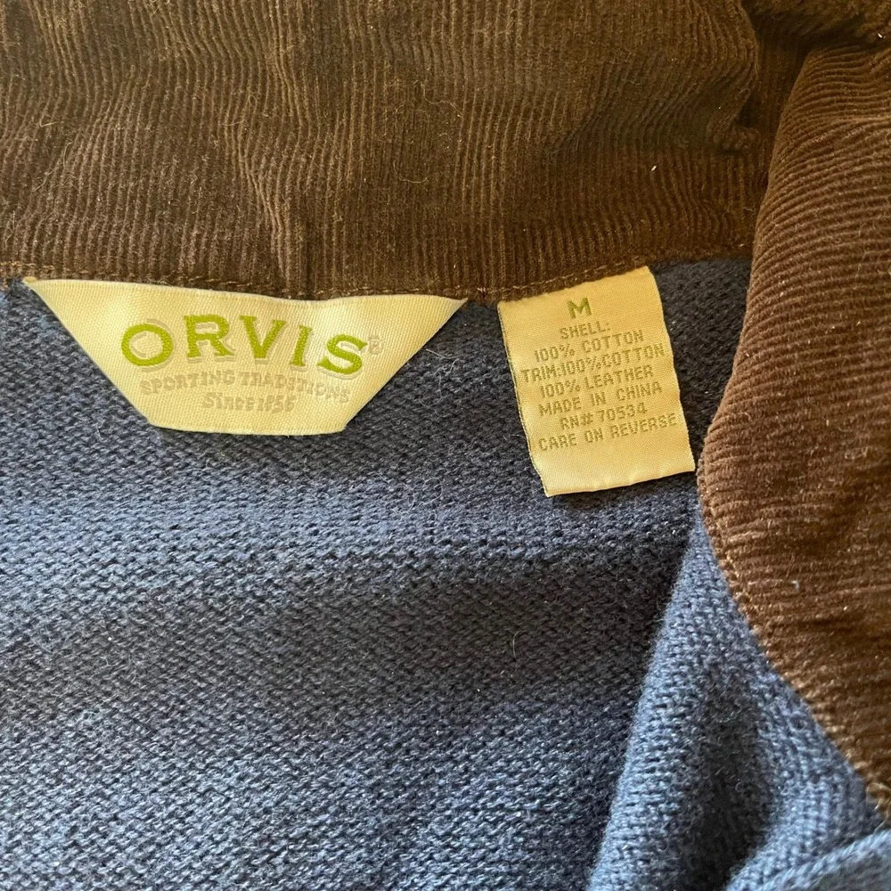 Orvis Mens‎ Blue Cotton Quarter Zip Sweater Corduroy Elbow Shoulder Patches M